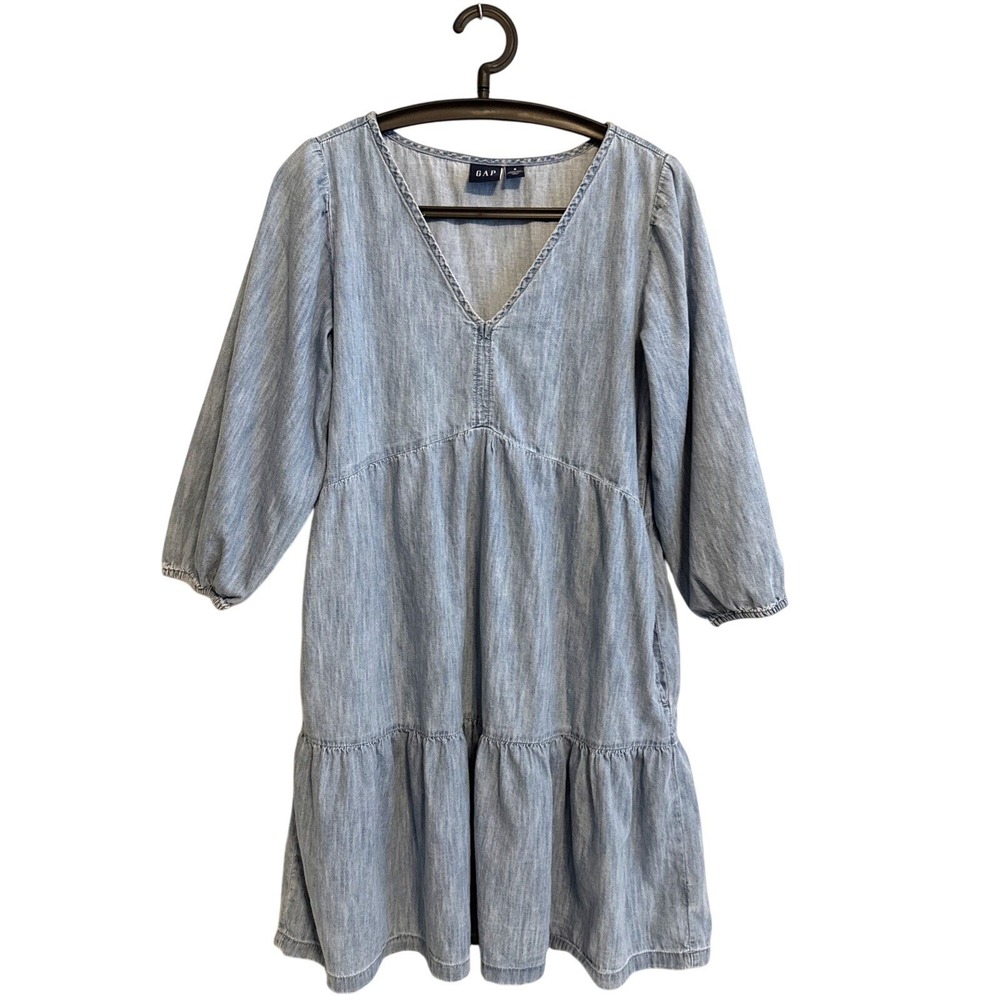 Gap Y2K Tiered Midi Denim Dress Sz S Quarter Sleeve Cottagecore Festival Boho
